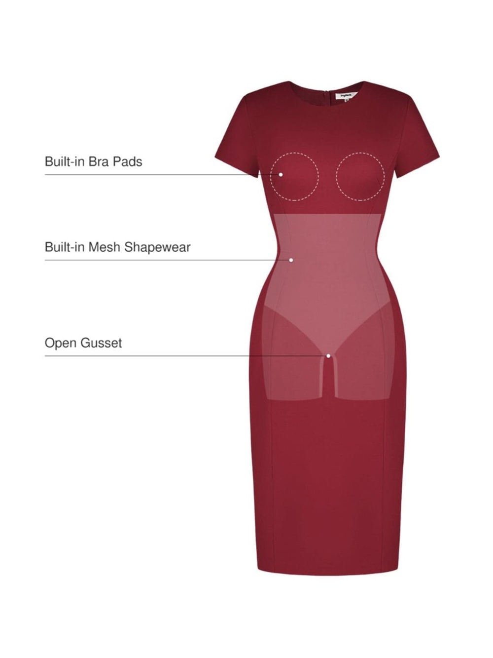 Popilush SculptWear Fitted Sheath Dress Sz XL Midi Burgundy Short Sleeve - Picture 4 of 7